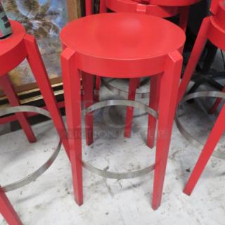 Wooden Bar Stool Painted Red With A Metal Footrest. 2XBID