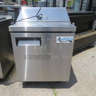One Avantco 1 Door Refrigerated Prep Table On Casters. Model# 178APT27HC. 115 Volt. 27.5X29.5X42.5