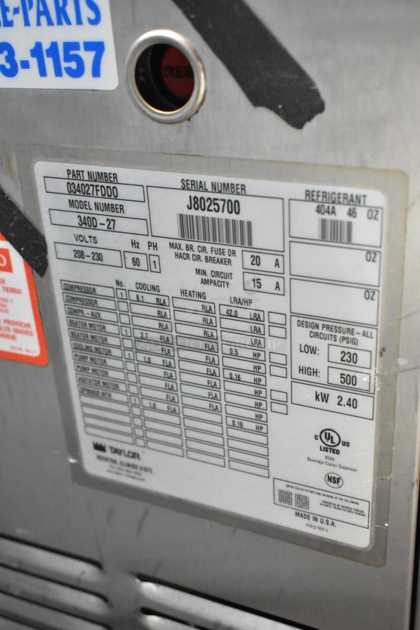 Taylor 340D-27 Stainless Steel Commercial Countertop Air Cooled Single Flavor Frozen Beverage Machine w/ Drink Mixer. 208-230 Volts, 1 Phase. - Image 7 of 7