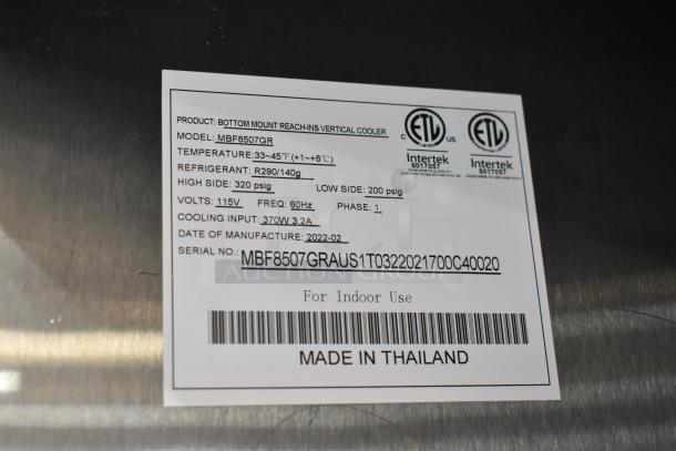2022 Atosa MBF8507GR Stainless Steel Commercial 2 Door Reach In Cooler w/ Poly Coated Racks on Commercial Casters. 115 Volts, 1 Phase. Tested and Working! - Image 7 of 7
