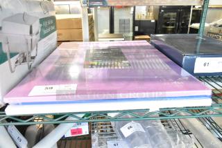 3 BRAND NEW SCRATCH AND DENT! Items Including 40724185PL Choice 24" x 18" x 1/2" Purple Polyethylene Cutting Board, 40724185BL Choice 24" x 18" x 1/2" Blue Polyethylene Cutting Board, 40724185WH Choice 24" x 18" x 1/2" White Polyethylene Cutting Board. 3 Times Your Bid!