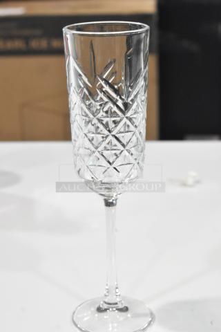 BRAND NEW SCRATCH AND DENT! Case of 6 Boxes of 4 Pasabahce Timeless Vintage from Steelite International 6 oz. Flute Glass. Missing 1 Glass.