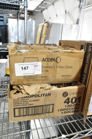 2 BRAND NEW SCRATCH AND DENT! Items Including 5535521 Acopa 20 oz. Stemless Wine Glass - 12/Case and Libbey 401 Cosmopolitan 10 oz. Customizable Wine Glass - 12/Case. 2 Times Your Bid!