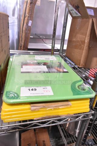 6 BRAND NEW SCRATCH AND DENT! Various Items Including 2 San Jamar CBG121812GN Saf-T-Grip® 18" x 12" x 1/2" Green Cutting Board with Hook, 4 40718125YL Choice 18" x 12" x 1/2" Yellow Polyethylene Cutting Board. 6 Times Your Bid!