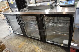 BRAND NEW SCRATCH AND DENT! LATE MODEL! Avantco 178UBB4GHC 90" Black Counter Height Glass Door Back Bar Refrigerator with LED Lighting. 115 Volts, 1 Phase.