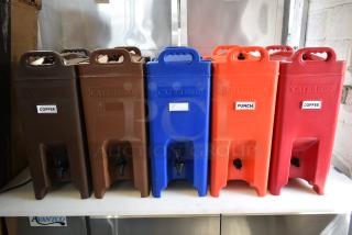 5 BRAND NEW SCRATCH AND DENT! Items Including 2 CaterGator 5 Gallon Brown Insulated Beverage Dispenser 215BEVDP5BR, 2 CaterGator 5 Gallon Red Insulated Beverage Dispenser  215BEVDP5RD and CaterGator 5 Gallon Blue Insulated Beverage Dispenser 215BEVDP5BL. 5 Times Your Bid!
