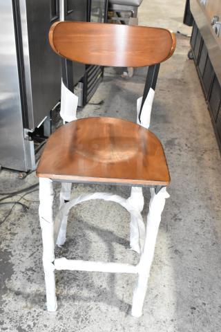 8 BRAND NEW SCRATCH AND DENT! Black Metal Bar Height Chairs w/ Wooden Back Rest and Seat. 8 Times Your Bid!