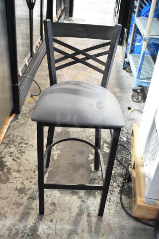 12 BRAND NEW SCRATCH AND DENT! Lancaster Table & Seating Black Metal Bar Height Cross Back Chair w/ Lancaster Table & Seating 164CUSHWDDG 2 1/2" Dark Gray Vinyl Seat for Wood Frame Chairs and Bar Stools. 12 Times Your Bid!