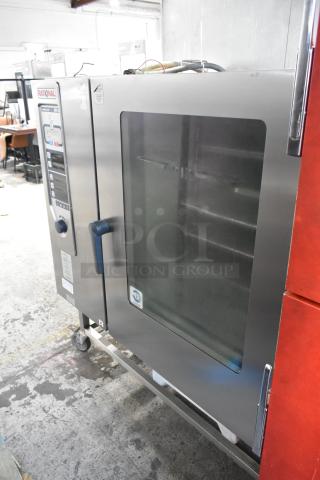 Rational CPC 102G Stainless Steel Commercial Natural Gas Powered ClimaPlus Combi Convection Oven on Commercial Casters. 126,000 BTU.