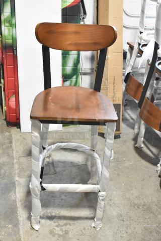 21 BRAND NEW SCRATCH AND DENT! Black Metal Bar Height Chairs w/ Wooden Back Rest and Seat. 21 Times Your Bid!