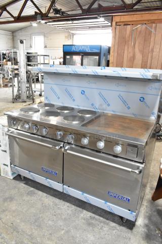 BRAND NEW SCRATCH AND DENT! Imperial IR-6-G24T-E Stainless Steel Commercial Electric Powered 6 Burner Hot Plate Range w/ Flat Top Griddle, 2 Ovens, Over Shelf and Back Splash. 480 Volts, 3 Phase.