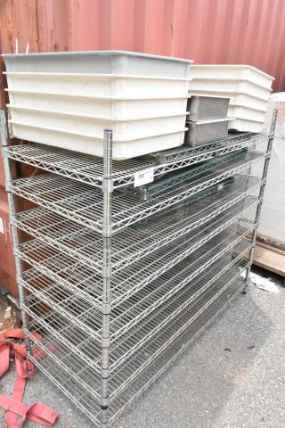 Chrome Finish 8 Tier Wire Shelving Unit w/ Contents Including Dough Bins. BUYER MUST DISMANTLE. PCI CANNOT DISMANTLE FOR SHIPPING. PLEASE CONSIDER FREIGHT CHARGES. - Item #1188570