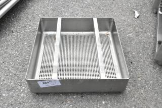 Metal Straining Bin for Dirty Side Dishwasher Table.