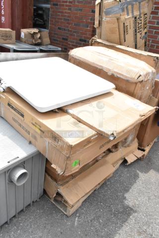 8 BRAND NEW SCRATCH AND DENT! Items Including 522SG3036 Steelton 30" x 36" 18-Gauge Stainless Steel Equipment Stand with Undershelf and Galvanized Legs, 600TSB3036S Regency 30" x 36" 16-Gauge Stainless Steel Commercial Work Table with 4" Backsplash and Undershelf, 3493030BBVIN Lancaster Table & Seating 30" x 30" Square Wood Butcher Block Table Top with Vintage Finish, 83534067 Oatey 34067 28" x 30" Washing Machine Pan with Ribs. 8 Times Your Bid!