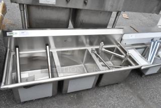 BRAND NEW SCRATCH AND DENT! Regency 600S31717 60" 16-Gauge Stainless Steel Three Compartment Commercial Sink with Stainless Steel Legs, Cross Bracing, and without Drainboard - 17" x 17" x 12" Bowls