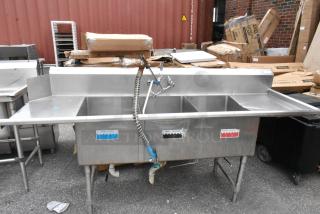 Duke Stainless Steel 3 Bay Sink w/ Dual Drain Boards, Faucet, Handles and Spray Nozzle Attachment.