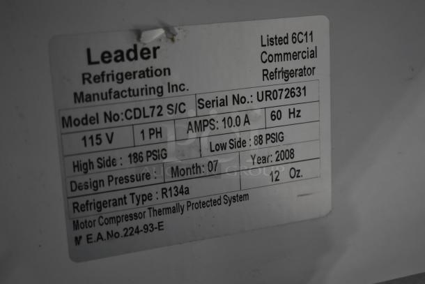 Leader CDL72 S/C Metal Commercial Floor Style Deli Display Case Merchandiser w/ Top Dry Display Case. 115 Volts, 1 Phase. Tested and Powers On But Does Not Get Cold - Image 5 of 5
