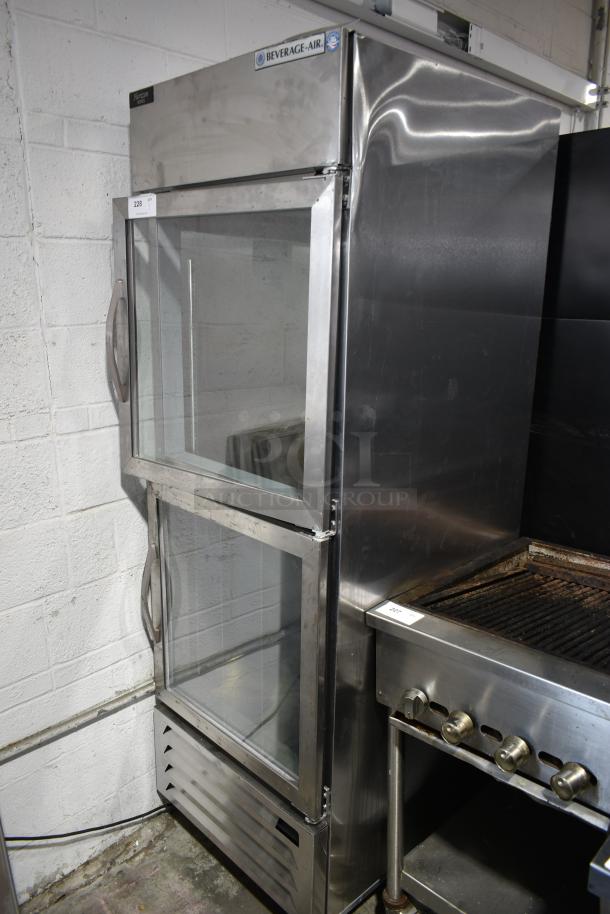 BRAND NEW SCRATCH AND DENT! Beverage Air HBR23HC-1-HG-003 Stainless Steel Commercial 2 Half Size Door Reach In Cooler Merchandiser on Commercial Casters. Top Door Does Not Stay Closed. 115 Volts, 1 Phase. Tested and Powers On But Does Not Get Cold - Image 1 of 9