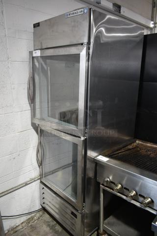 BRAND NEW SCRATCH AND DENT! Beverage Air HBR23HC-1-HG-003 Stainless Steel Commercial 2 Half Size Door Reach In Cooler Merchandiser on Commercial Casters. Top Door Does Not Stay Closed. 115 Volts, 1 Phase. Tested and Powers On But Does Not Get Cold