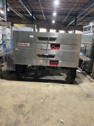 Q-Matic 989 Series Commercial Stainless Steel Natural Gas Powered Double Stacked Pizza Conveyor Oven! Model: Q80 SN: 20000548! 110/220V 1 Phase! On Casters! 2X Your Bid Makes One Unit! - Item #1185481