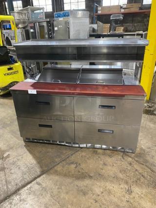 Delfield Commercial Stainless Steel 4 Drawer Refrigerated Bain Marie Style Mega Top Salad/Sandwich Prep Table! With Enclosed Overhead Salamander Storage Shelf! With Removable Chopping Block Style Wooden Cutting Board! Model: UCD4464N-12-DD5 SN: 1501152002215! 115V 1 Phase!
