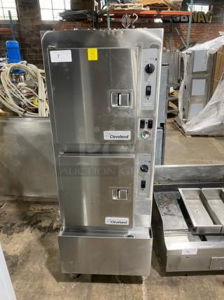 Cleveland Range SteamCraft Power-10 Series Commercial Stainless Steel Natural Gas Powered Dual Compartment 10-Pan Convection Steamer! With Boiler Base! With Individual Controls & Built In Pan Holding Racks! Model: 24CGP10 SN:170323052048! 115V 1 Phase! On Legs!