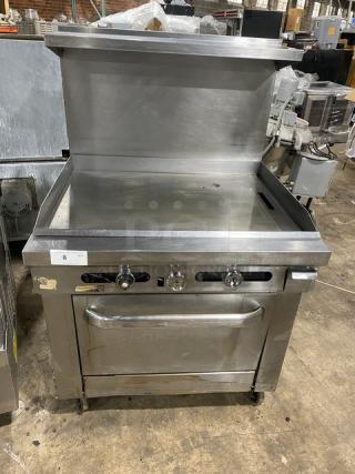 Commercial Stainless Steel Natural Gas Powered Flat Griddle Range/Oven Combo! With Back Splash & Overhead Salamander Shelf! With Wired Oven Rack! On Casters!