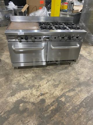 Cook Rite Commercial Stainless Steel Natural Gas Powered Flat Griddle/6 Burner Split Top Range & Double Oven Combo! With Up Turned Back Splash! With Wired Oven Racks! On Legs!
