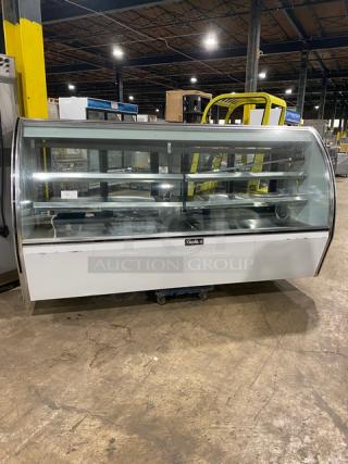 Leader Commercial Stainless Steel Curved Glass 96" Refrigerated Multi-Tier Deli Merchandiser Display Showcase! With Rear Double Sliding Glass Doors! With Lower Overstock Storage! Model: NRHD96R SN: PV11S3001! 115V 1 Phase!