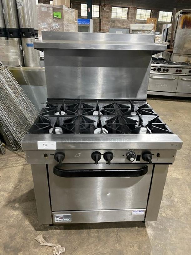 Southbend Commercial Stainless Steel Natural Gas Powered 6 Burner Range/Oven Combo! With Back Splash & Overhead Salamander Shelf! With Wired Oven Rack! Model: X436D SN: 02L38236! On Legs! Working When Removed! - Image 1 of 10