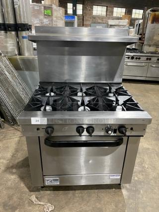 Southbend Commercial Stainless Steel Natural Gas Powered 6 Burner Range/Oven Combo! With Back Splash & Overhead Salamander Shelf! With Wired Oven Rack! Model: X436D SN: 02L38236! On Legs! Working When Removed!