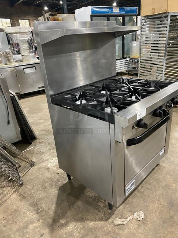 Southbend Commercial Stainless Steel Natural Gas Powered 6 Burner Range/Oven Combo! With Back Splash & Overhead Salamander Shelf! With Wired Oven Rack! Model: X436D SN: 02L38236! On Legs! Working When Removed! - Image 2 of 10