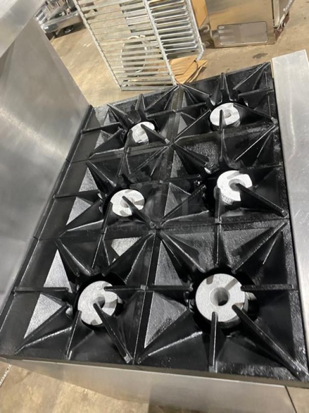 Southbend Commercial Stainless Steel Natural Gas Powered 6 Burner Range/Oven Combo! With Back Splash & Overhead Salamander Shelf! With Wired Oven Rack! Model: X436D SN: 02L38236! On Legs! Working When Removed! - Image 5 of 10