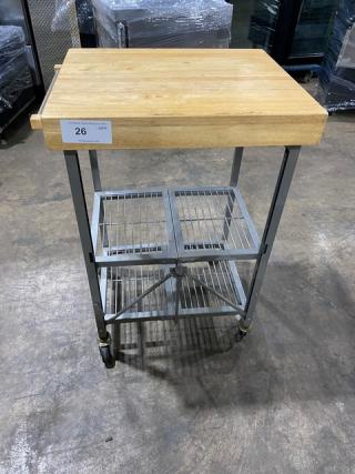 Origami Commercial Wooden Chopping Block Style Fold-Out Kitchen Island/Serving Cart! With 2 Undershelves! On Casters!