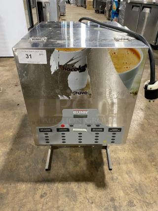 Bunn Dunkin Donuts Style Commercial Stainless Steel Electric Powered Countertop 5-Flavor Hot Chocolate/Cappuccino Hot Beverage Machine! With Hot Water Dispenser & Digital Controls! With 5 Hoppers! Model: IMIX-5 SN: IMIX033288! 120/208-240V 1 Phase! On Legs!