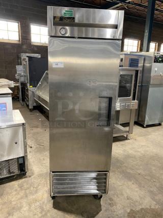True Commercial Stainless Steel Solid Single Door Reach In Refrigerator! With Poly Coated Wire Rack! With Left Hinged Door! Model: T-23 SN: 1-3483323! 115V 1 Phase! On Casters!