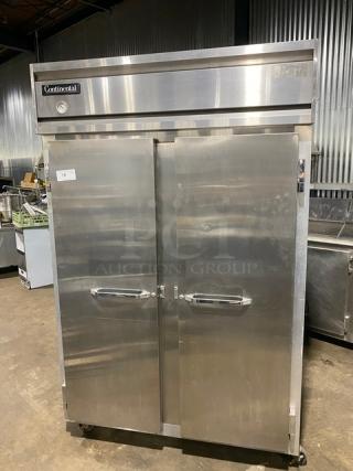 Continental Commercial Stainless Steel Solid 2 Door Reach In Freezer! With Pan Slides & Poly Coated Wire Racks! Model: 2F SN: 146A2590! 115V 1 Phase! On Casters!
