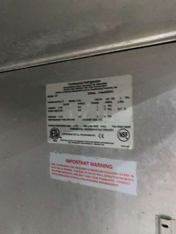 Continental Commercial Stainless Steel Solid 2 Door Reach In Freezer! With Pan Slides & Poly Coated Wire Racks! Model: 2F SN: 146A2590! 115V 1 Phase! On Casters! - Image 7 of 9
