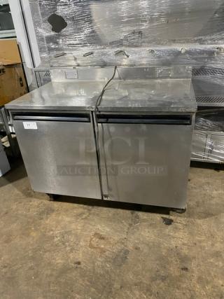 Commercial Stainless Steel 2 Door Worktop Refrigerator! With Up Turned Backsplash! With Poly Coated Wire Rack! On Casters!