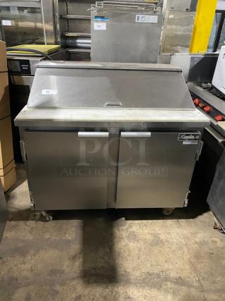 Leader Commercial Stainless Steel 2 Door Refrigerated Bain Marie Style Mega Top Salad/Sandwich Prep Table! With Cutting Board! With Poly Coated Wire Racks! Model: ESLM48 S/C SN: NM08S1315! 115V 1 Phase! On Casters!