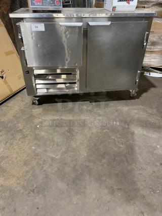 Leader Commercial Stainless Steel 2 Door Lowboy/Worktop Refrigerator! With Chrome Plated Wire Rack! 115V 1 Phase! Model: LB48 S/C SN: PY08M0308! On Casters!