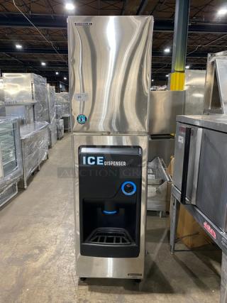 Hoshizaki Commercial Stainless Steel Electric Powered Modular Cresent Cuber Ice Machine Head! Model: KM-500MWH SN: Q03845E! 115-120V 1 Phase! With Hoshizaki Commercial Stainless Steel Ice Dispensing Bin Underneath! Model: DB-130H SN: Q52291G! 115V 1 Phase! On Legs! - Item #1186860