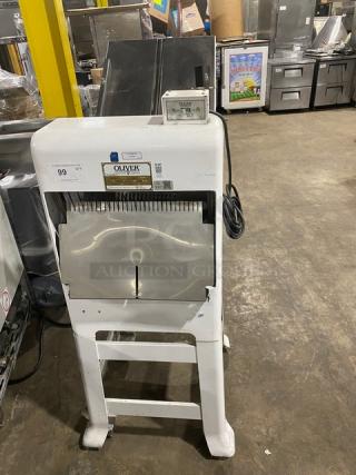 Oliver Commercial White Electric Powered Free Standing Gravity Feed Bread Slicer Machine! With Stainless Steel Worktop! Model: 797-32-NC SN: 164680! 115V 1 Phase! On Casters!