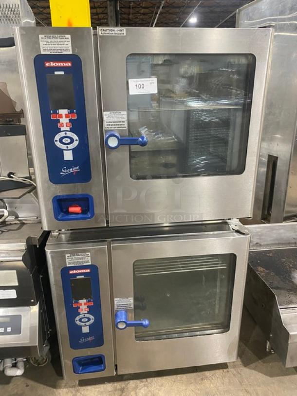 Eloma Genius Series Commercial Stainless Steel Electric Powered Double Stacked Combi Oven! With Digital Controls! With Built In Pan Slides & Wired Racks! On Legs! 2X Your Bid Make One Unit! - Image 1 of 9