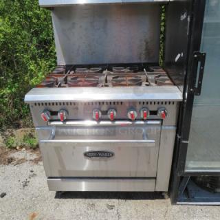 One Serv Ware 6 Burner Natural Gas Range With 1 Rack, Stainless Steel Over Shelf On Casters. Model# SS-SGR-6B. 36X33X60