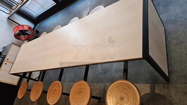 One Light Oak Table With 10 Attached Black Metal Wooden Seats. 122X30X29.5 - Image 1 of 1