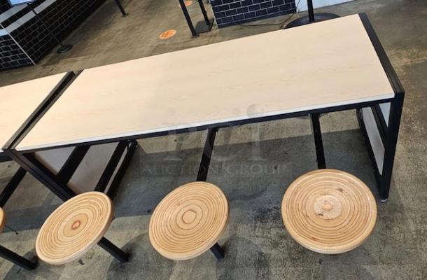 One Light Oak Table With 6 Attached Black Metal Wooden Seats. 98X30X29.5 - Image 1 of 1