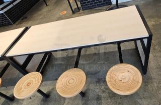 One Light Oak Table With 6 Attached Black Metal Wooden Seats. 98X30X29.5