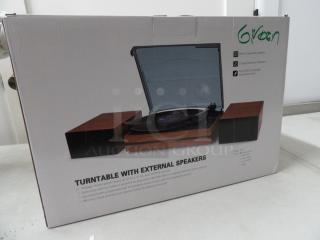 Turntable with External Speakers, Model# R612, normal Speeds, 12V
Brand New in Box, color walnut red