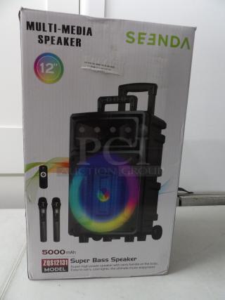 Multi Media Speaker, party Speaker, Model# ZQS12131, includes 2 microphones and remote control, Super Bass Speaker, 40W, 12 inch
brand new in box